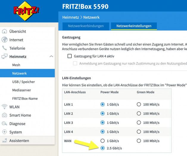 LAN-WAN-Port im Power-Mode (Bild: Harald Karcher)